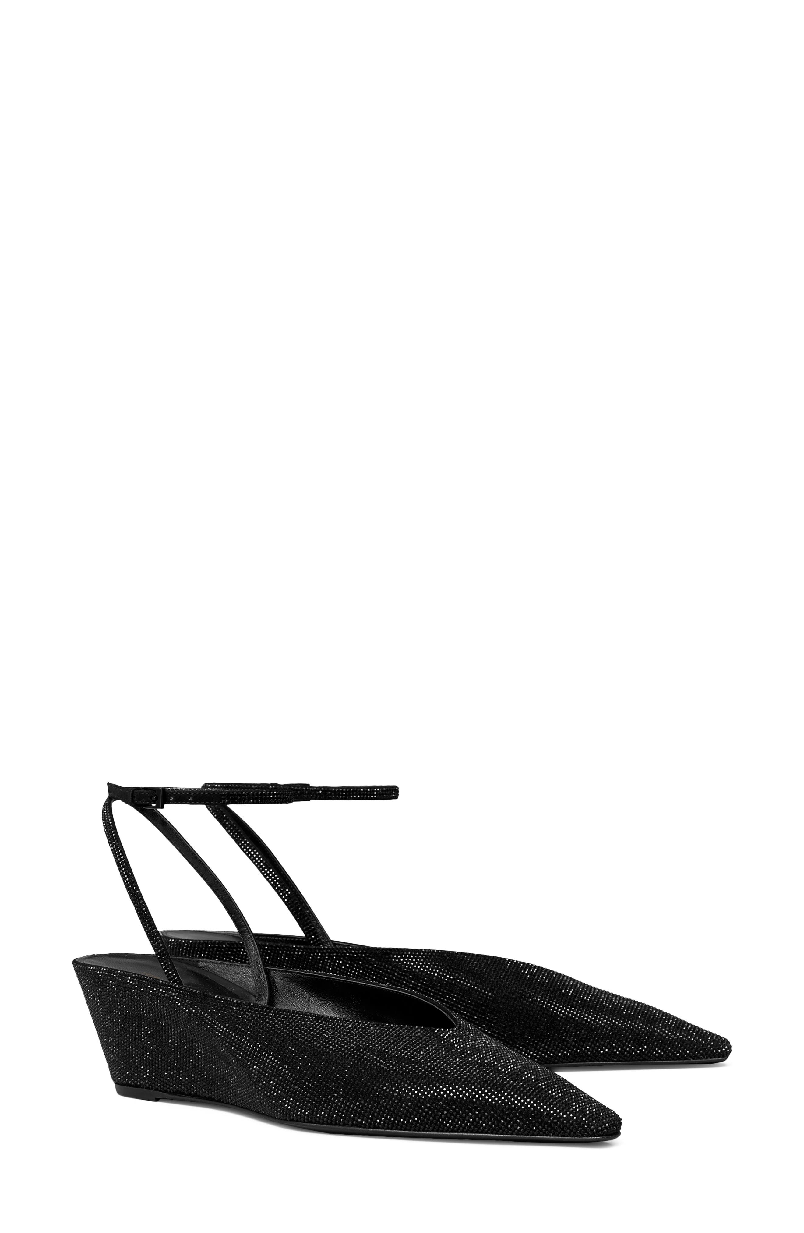 Tory Burch Ankle Strap Pavé Pointed Toe Wedge Pump, Main, color, Perfect Black