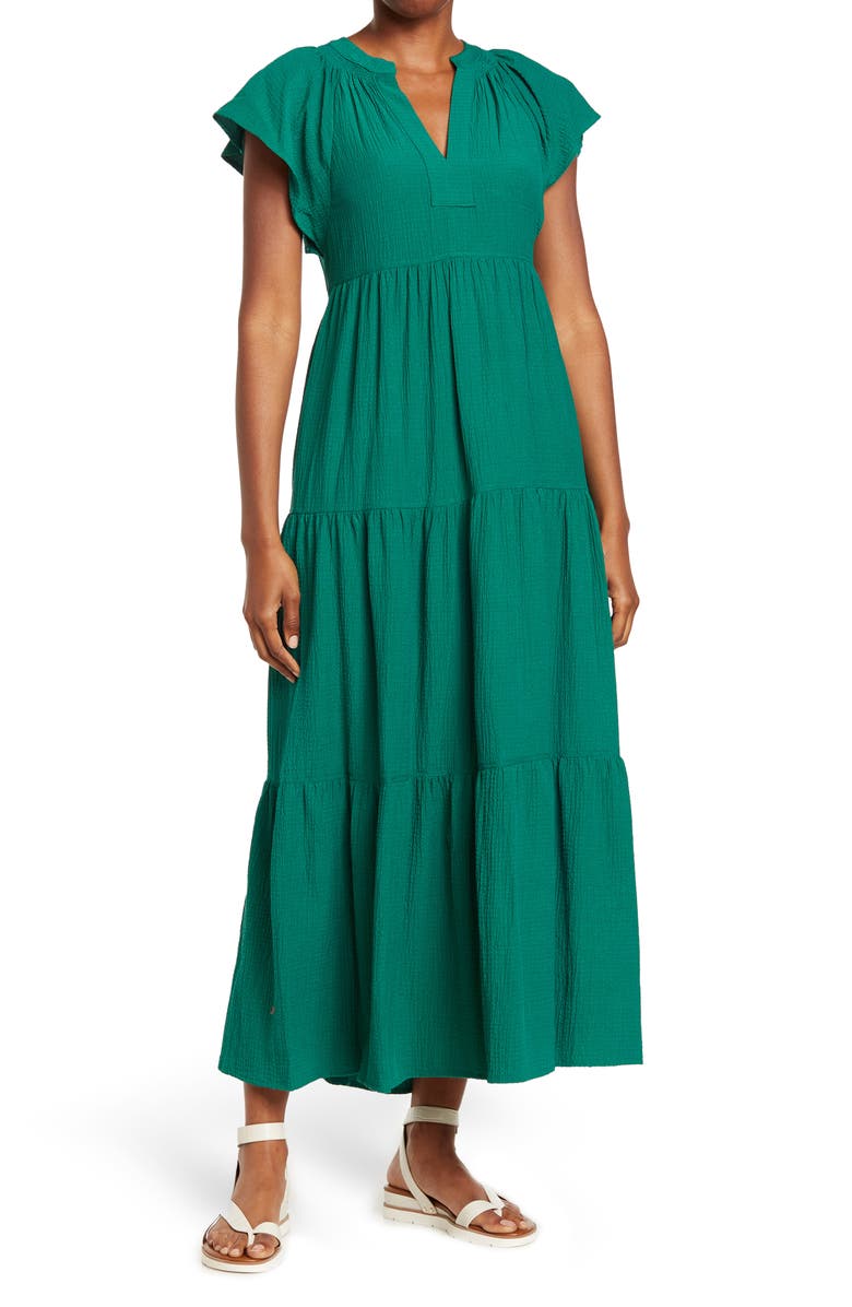 Calvin Klein Gauze Split Neck Midi Dress, Main, color,