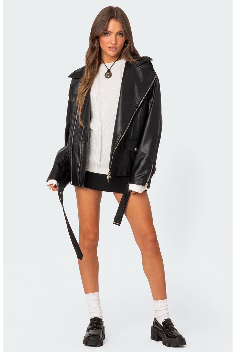 Wrenley Oversize Faux Leather Moto Jacket, Alternate, color, BLACK