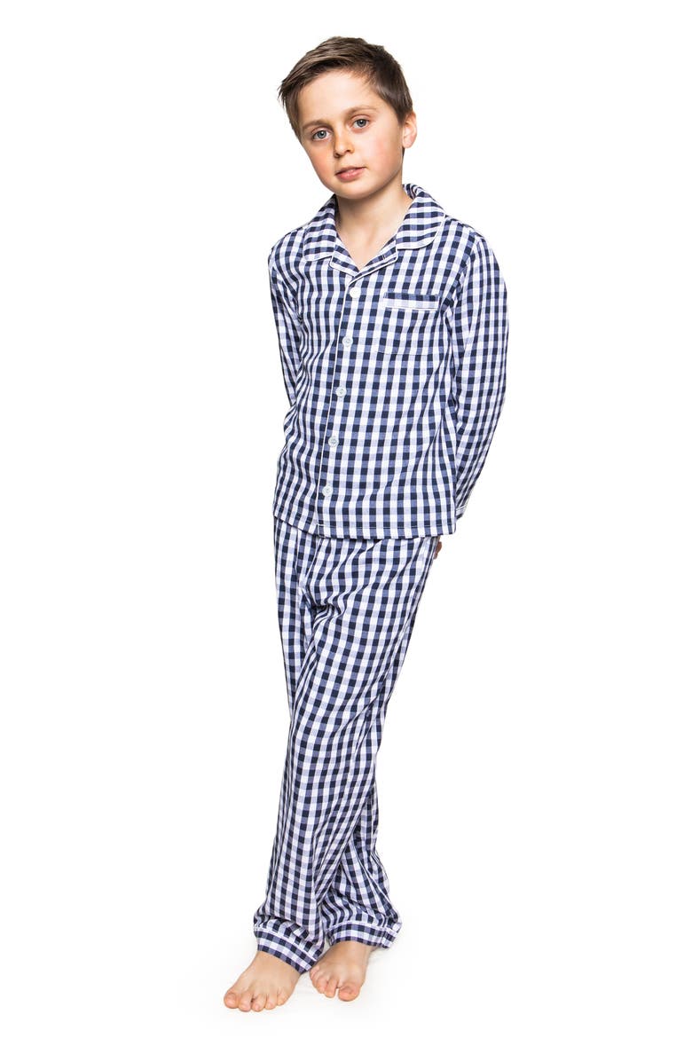 Kids' Gingham Check Flannel Two-Piece Pajamas, Main, color, NAVY