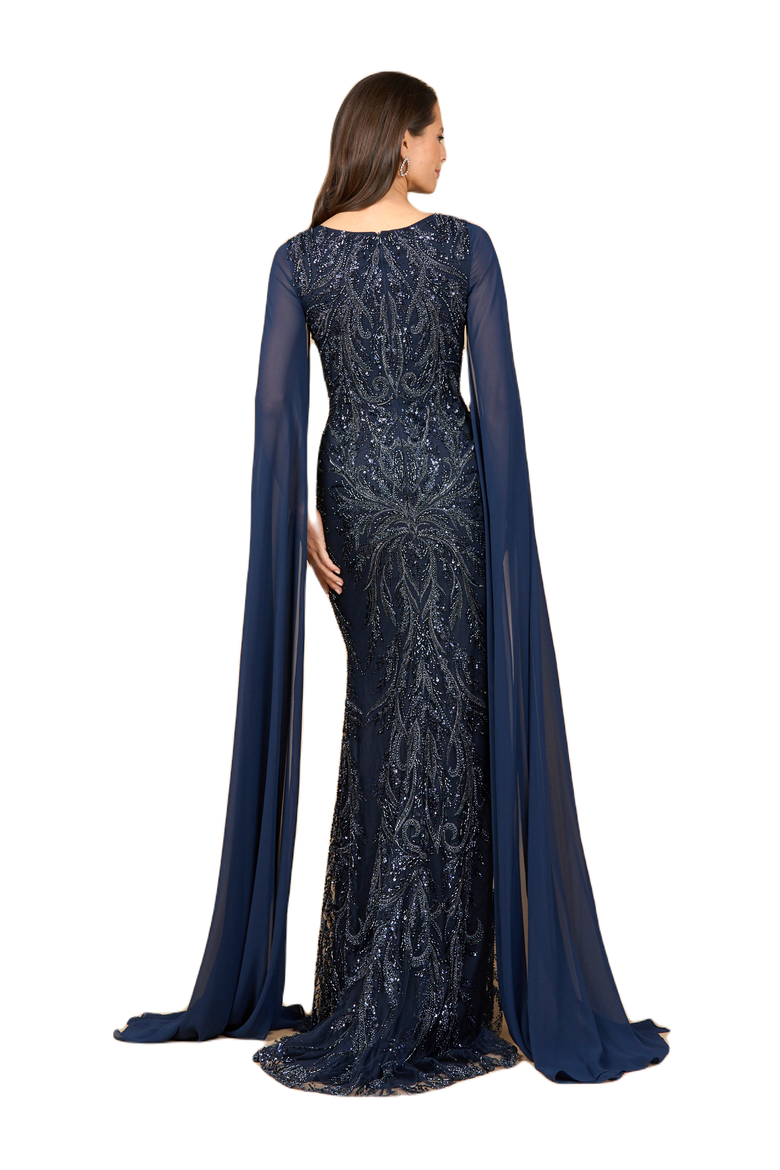 High Neck Gown with Chiffon Cape Sleeves, Alternate, color, Navy