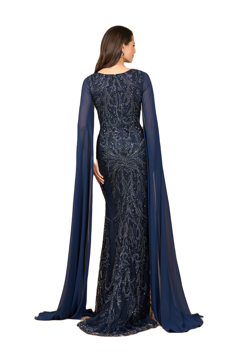 LARA New York High Neck Gown with Chiffon Cape Sleeves, Alternate, color, Navy