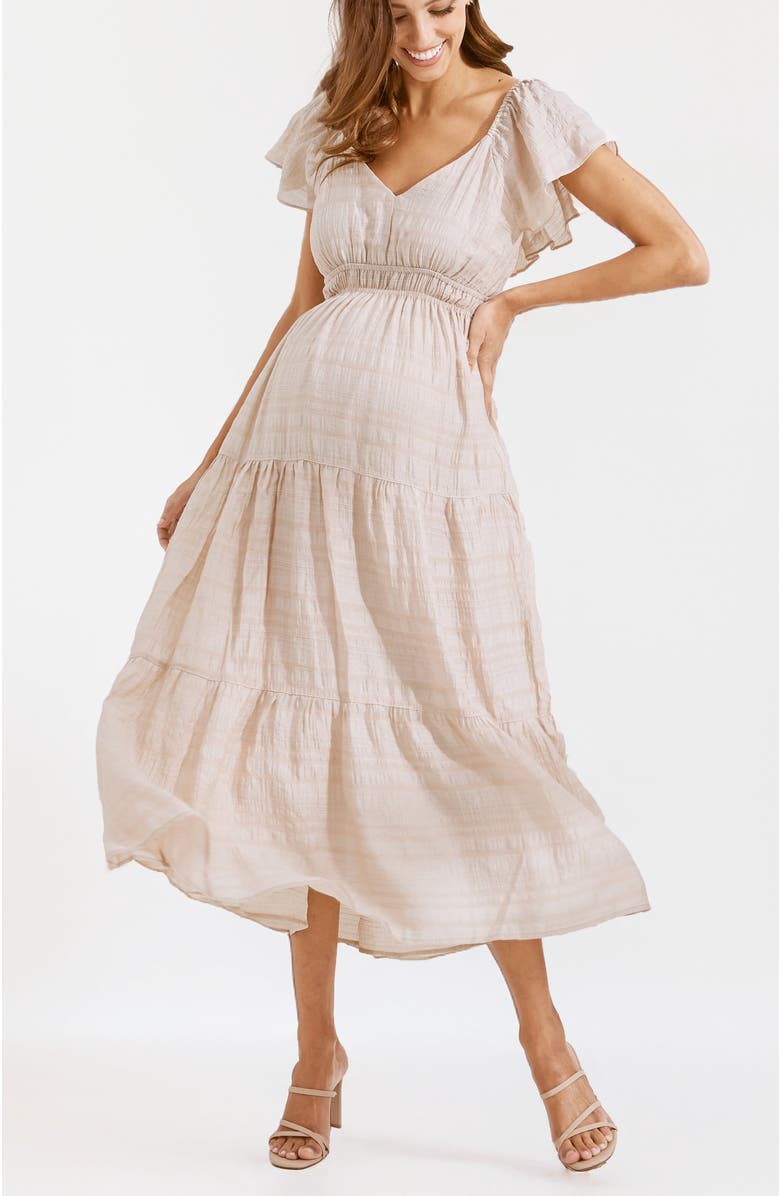 Angel Maternity Baby Shower Ruffle Sleeve Maternity Dress, Main, color, Nude