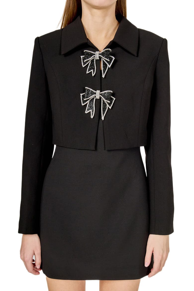 Rhinestone Bow Detail Crop Jacket, Alternate, color, BLACK