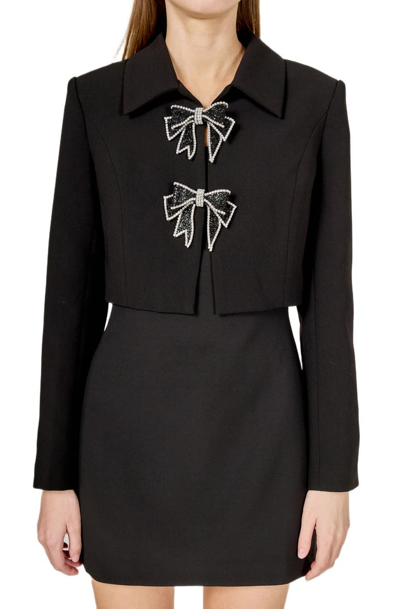 Endless Rose Rhinestone Bow Detail Crop Jacket, Alternate, color, Black