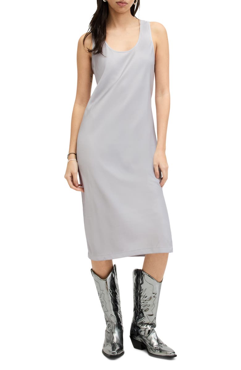 AllSaints Patrice Cap Sleeve Rib Midi Sweater Dress, Alternate, color, Silver