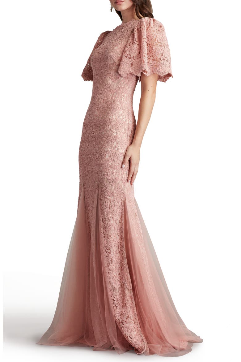 Flutter Sleeve Corded Lace Trumpet Gown, Alternate, color, ANTIQUE PINK