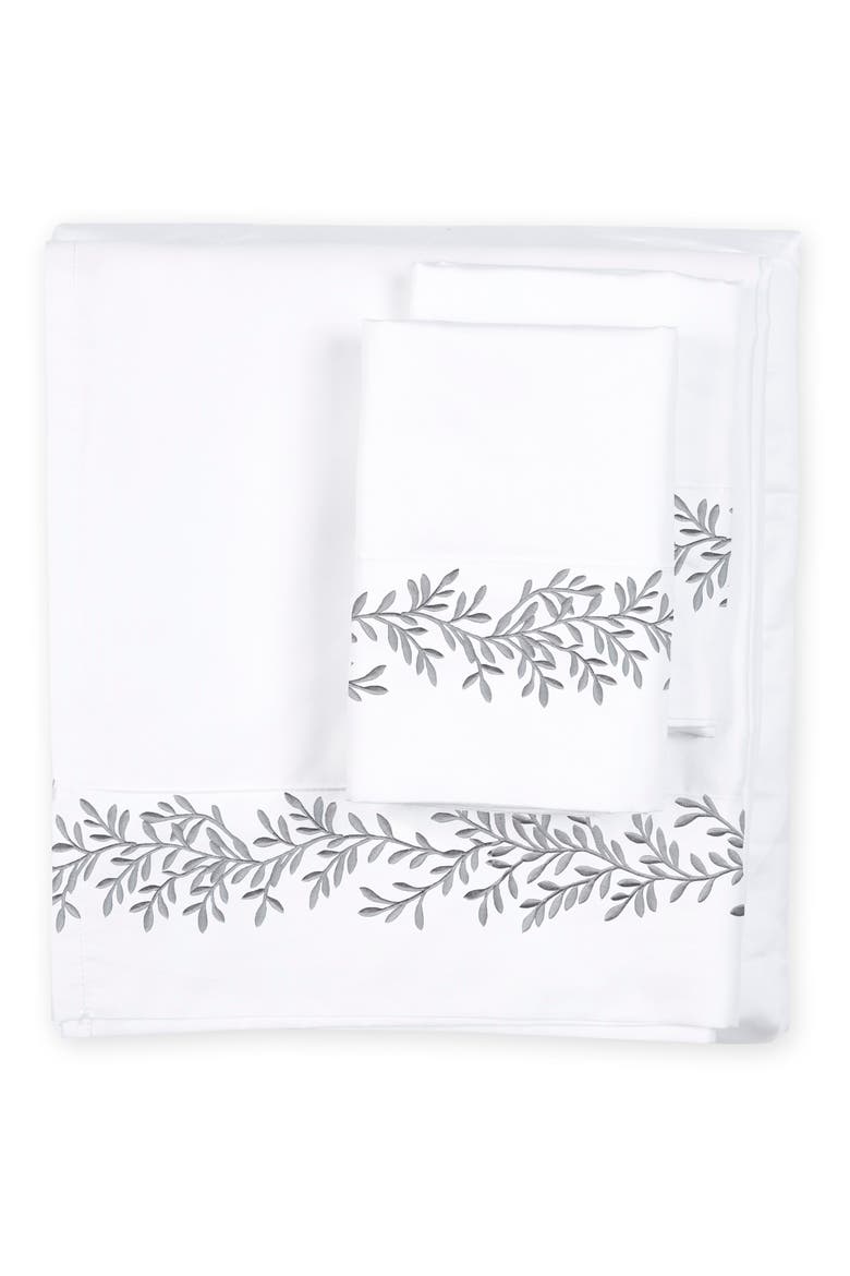 Floral Leaf Embroidered 600 Thread Count 100% Cotton Sheets, Main, color, GREY