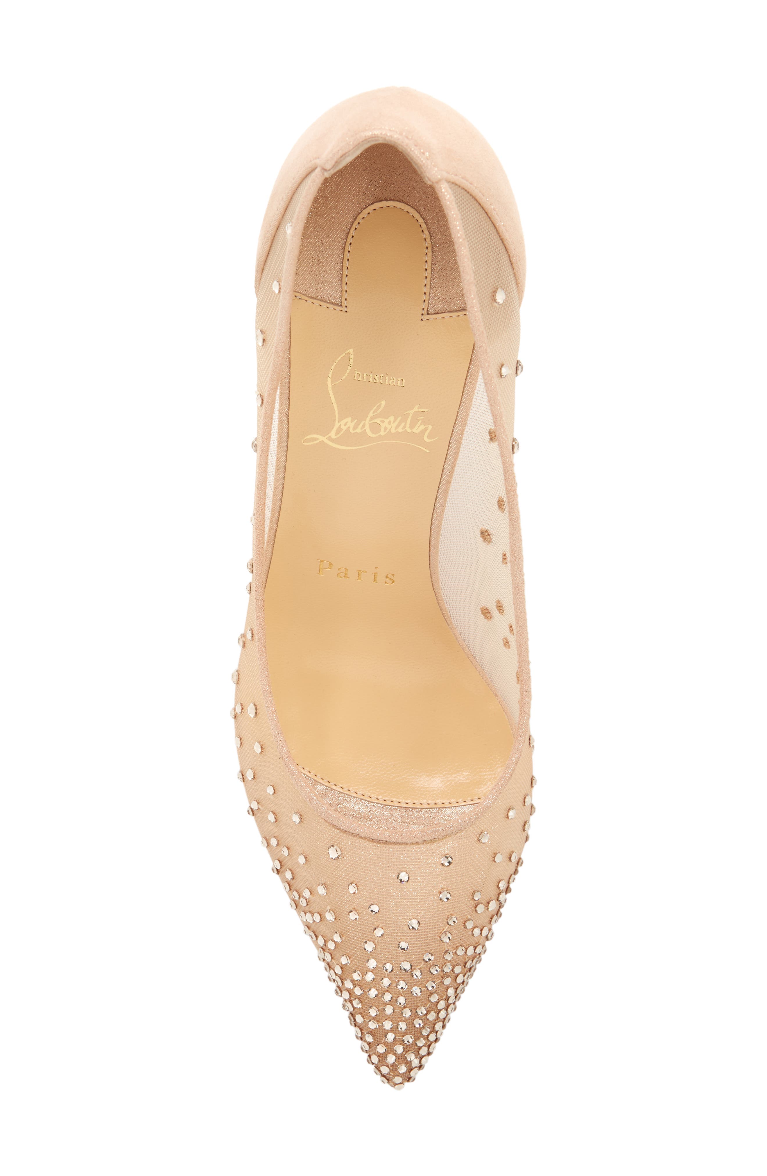 Christian Louboutin Follies Crystal Embellished Mesh Pointed Toe Pump, Alternate, color, Light Silk