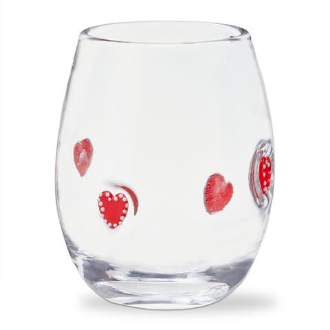 Red Heart Stemless Wine Glass 16 oz Glass 3.5x3.5x4.5 in