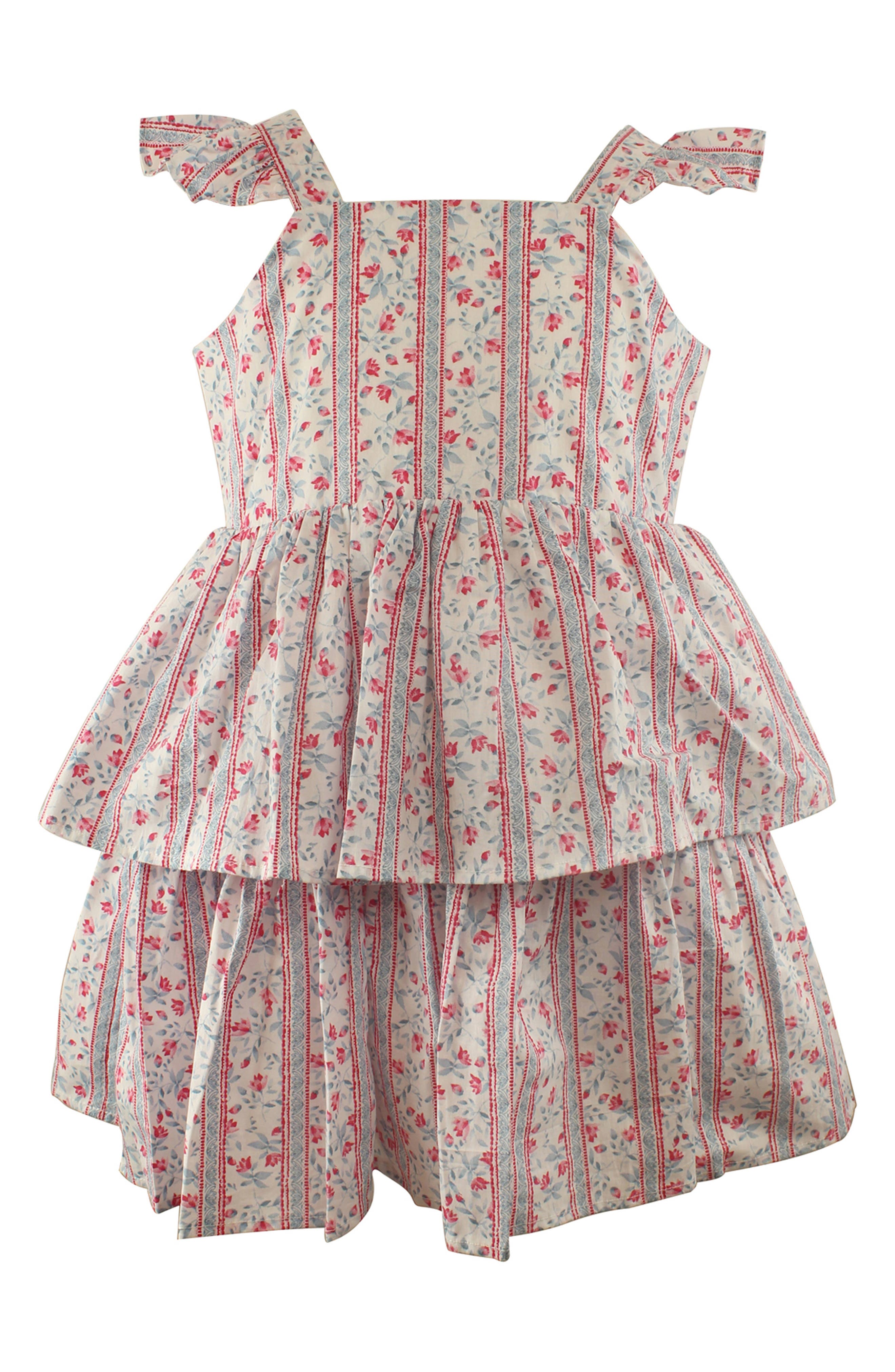 Popatu Kids' Stripe Floral Tiered Cotton Dress