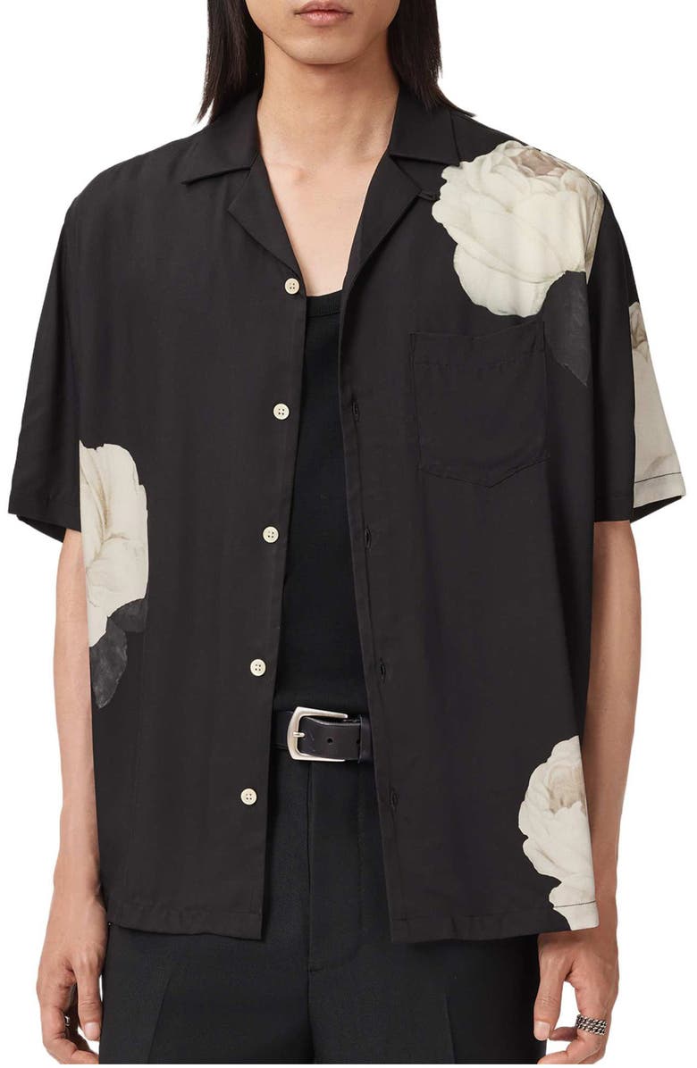 AllSaints Alberic Camp Shirt, Main, color, Jet Black