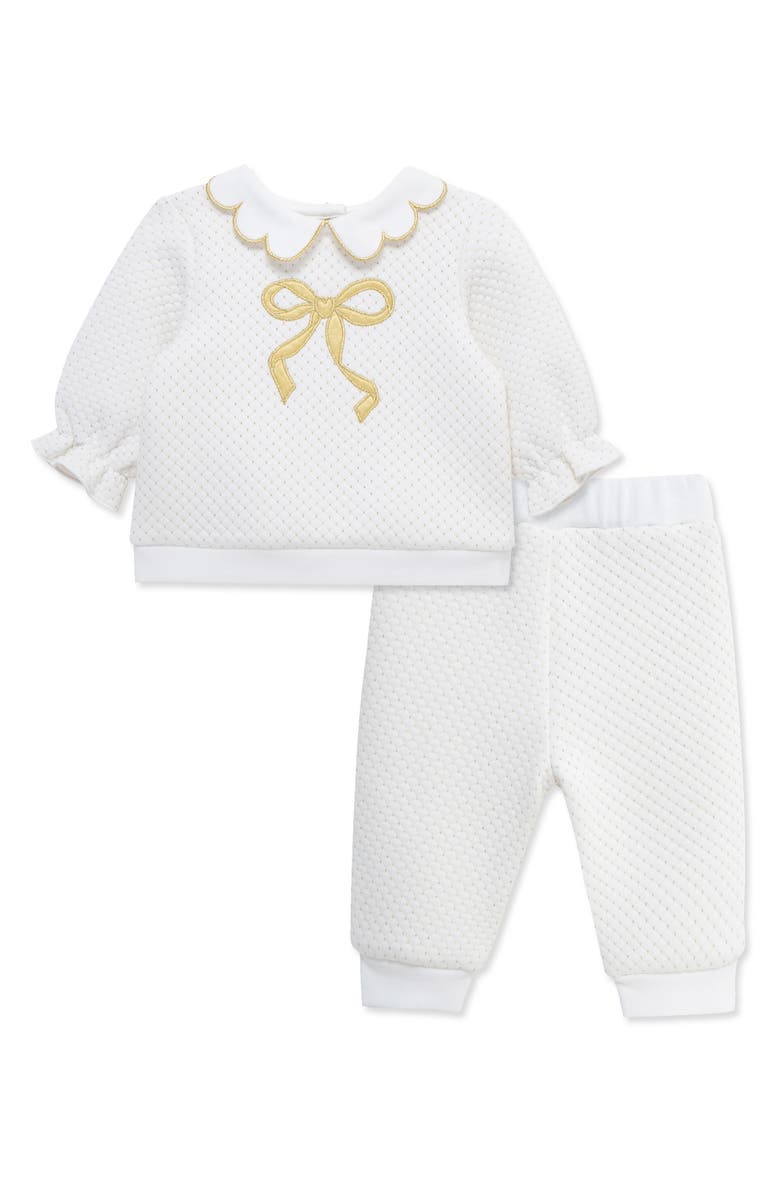 Little Me Bow Collared Top & Joggers Set, Main, color, White