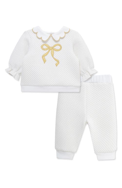 Little Me Bow Collared Top & Joggers Set In White