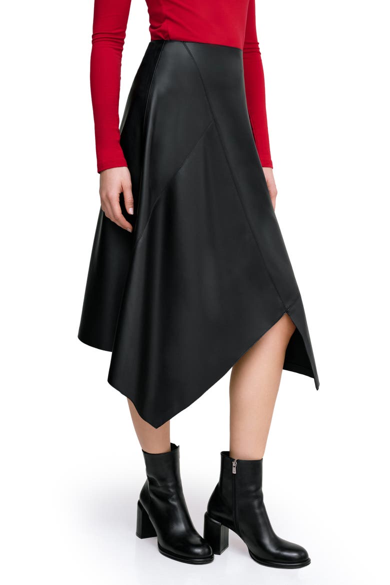 Coralie Asymmetric Hem Faux Leather Skirt, Alternate, color, BLACK