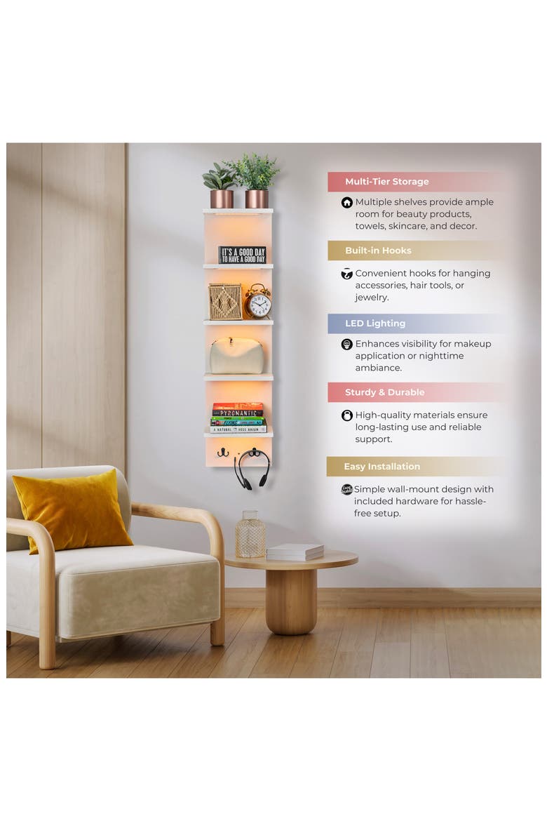 5-Tier Wall Mounted Floating Shelf, Alternate, color, WHITE