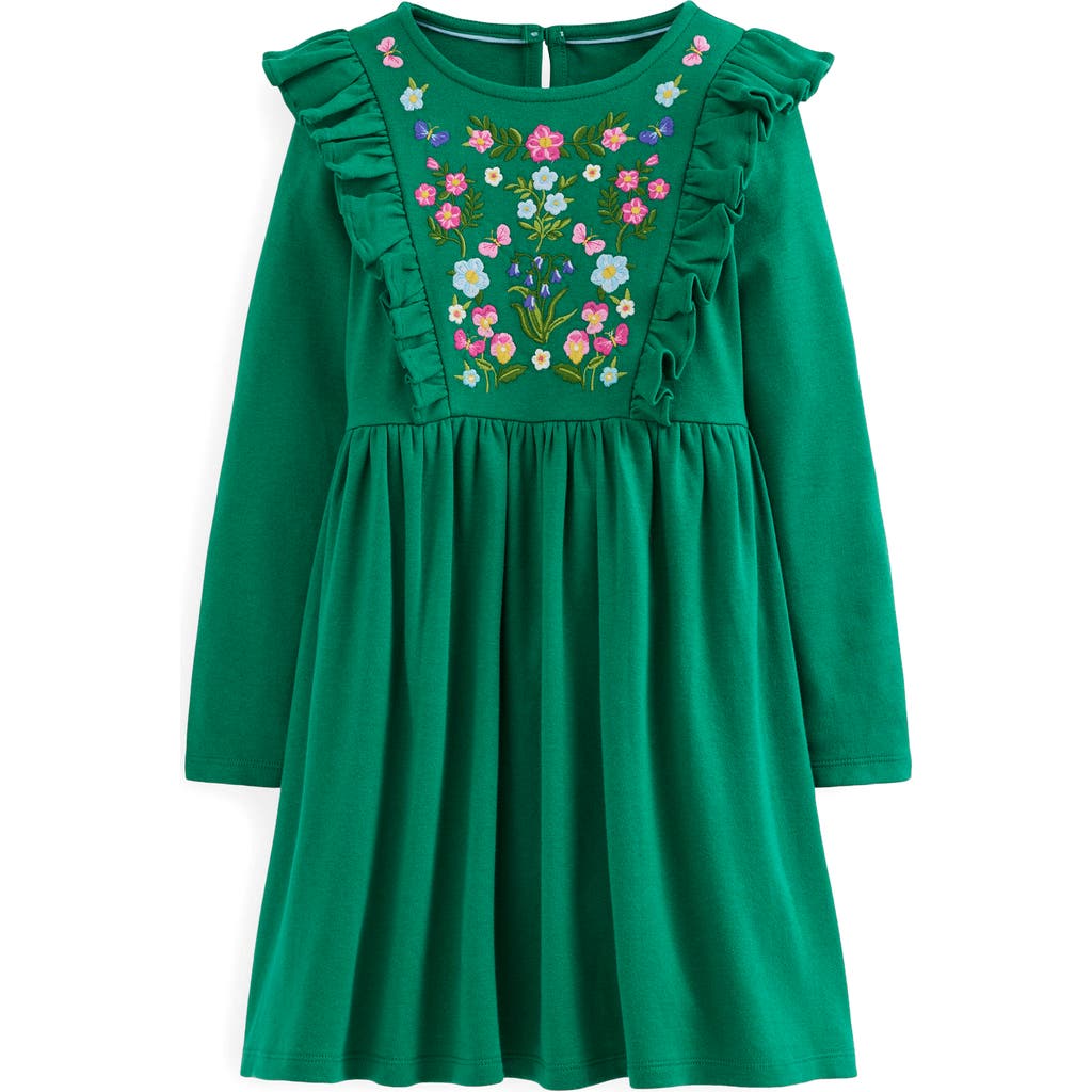 Mini Boden Kids' Embroidered Ruffle Long Sleeve Cotton Dress In Green