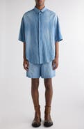 Acne Studios Oversize Short Sleeve Cotton & Linen Chambray Button-Up Shirt