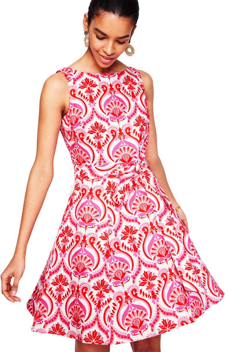 Boden Anya Print Tie Waist Linen Dress, Alternate, color, Poppy Red, Ornamental Floral