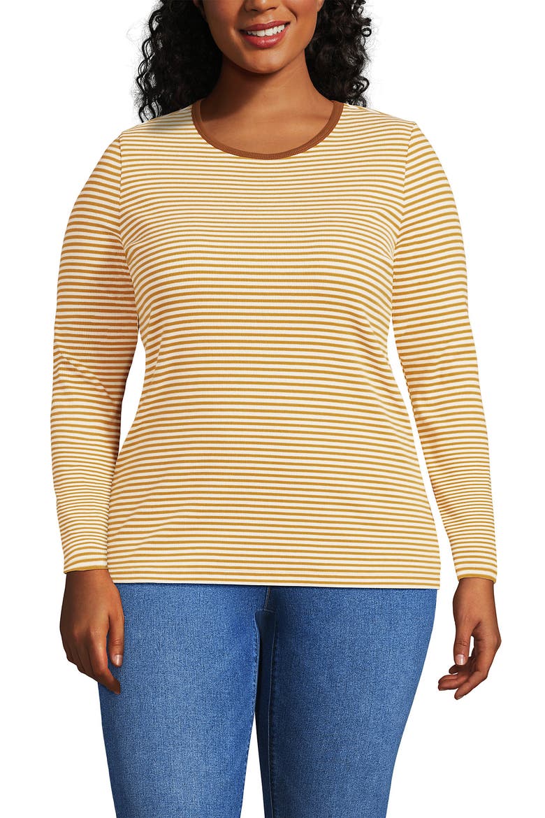 Plus Size Long Sleeve Micro Rib T-Shirt, Main, color, Dijon Gold Tiny Stripe