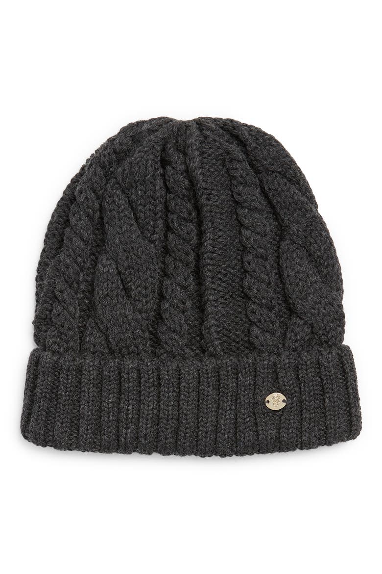 Fitted Cable Stitch Merino Wool Beanie, Main, color, CHARCOAL MELANGE