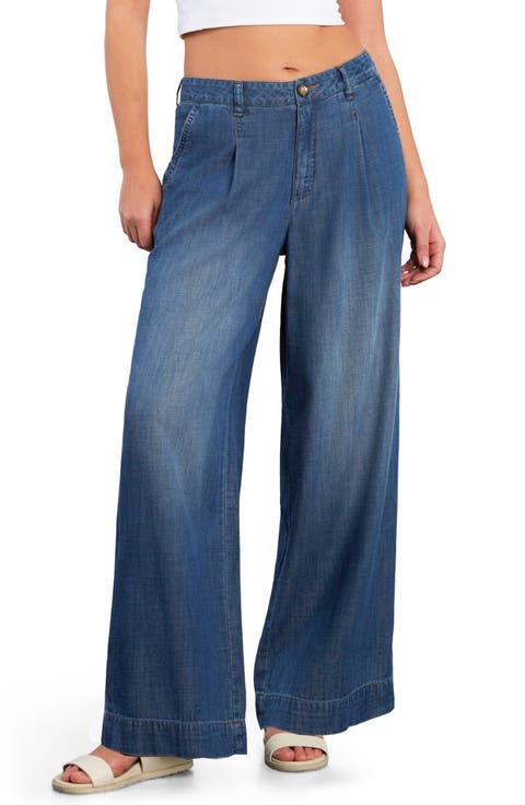 Chill Pleated Mid Rise Wide Leg Jeans (Organic Blue)