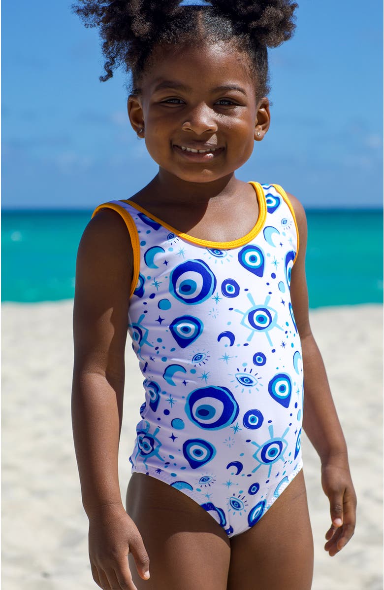 NESSI BYRD Evil Eye Motif with Orange Trim One-Piece Swimsuit, Alternate, color, White-Blue