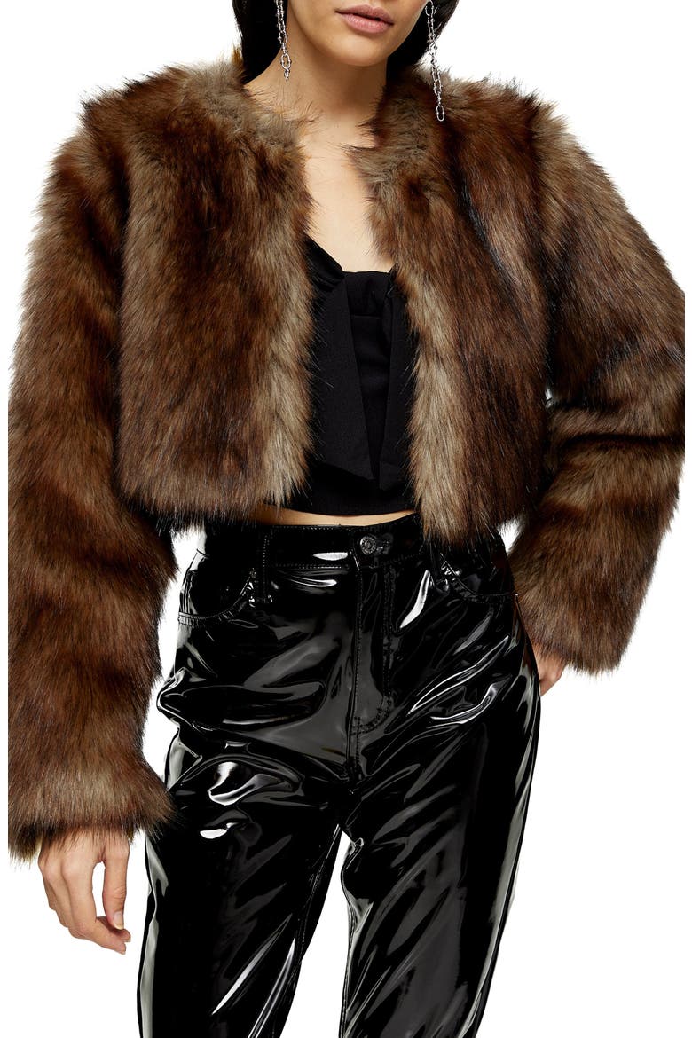 Chubby Faux Fur Crop Coat, Main, color, BROWN