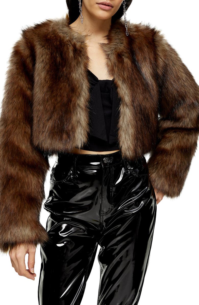 Topshop Chubby Faux Fur Crop Coat, Main, color, 