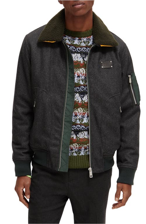 Scotch & Soda Wool Blend Flight Jacket with Removable Faux Shearling Collar in 0607-Charcoal Melange 