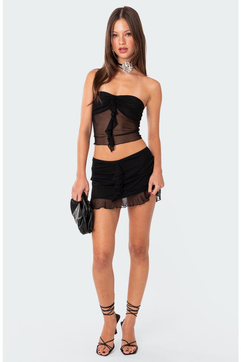 Solange Ruffle Mesh Miniskirt, Alternate, color, BLACK