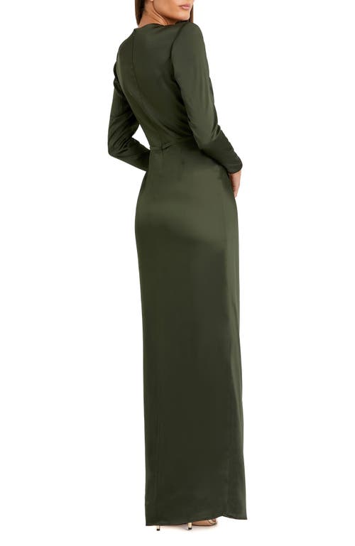 Mac Duggal Long Sleeve Structured Bow Draped Column Gown In Olive