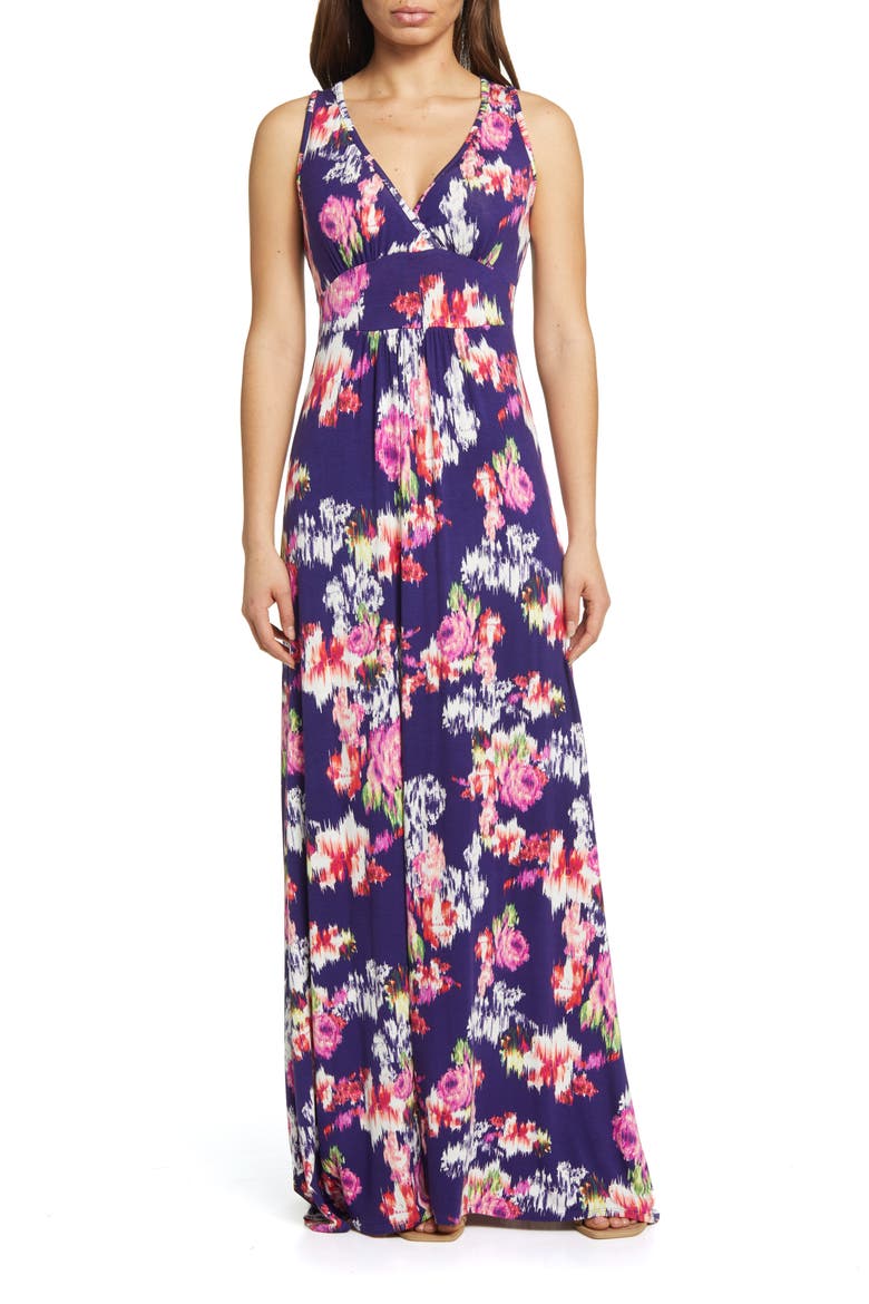 Abstract Floral Print Sleeveless Jersey Maxi Dress, Main, color, EGGPLANT