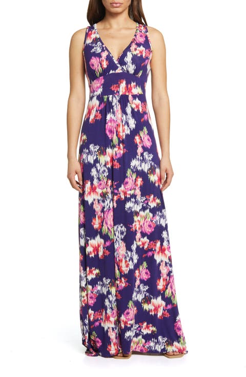 Abstract Floral Print Sleeveless Jersey Maxi Dress