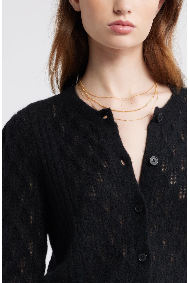 Pointelle Ruffle Edge Cardigan, Alternate, color, BLACK