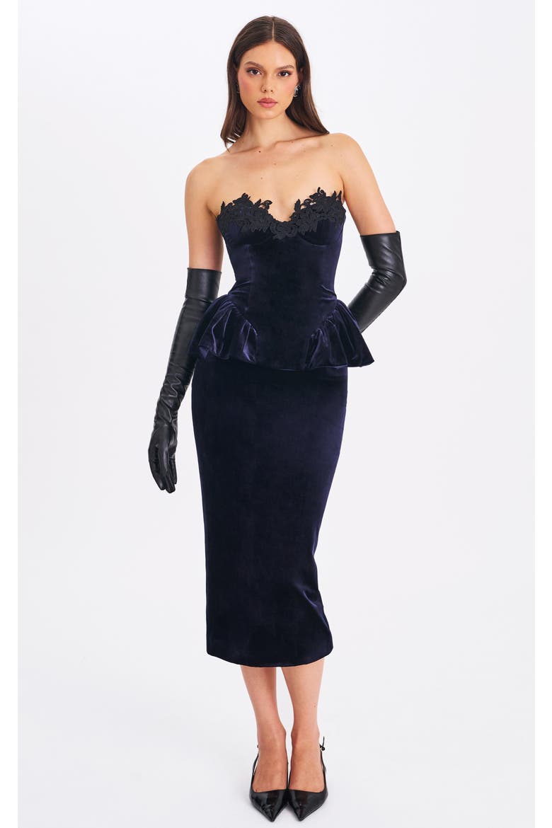 Pascha Lace Appliqué Strapless Peplum Maxi Dress, Main, color, Black