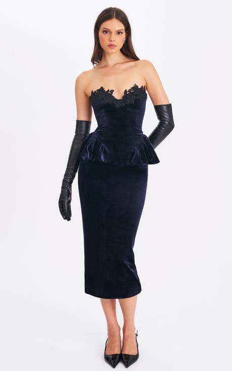 Pascha Lace Appliqué Strapless Peplum Maxi Dress