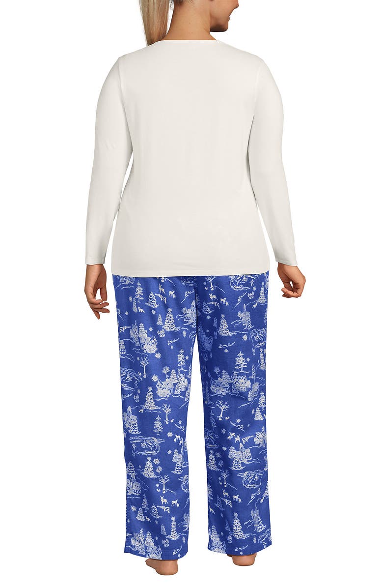 Lands' End Pajama Set Knit Long Sleeve T-Shirt and Flannel Pants, Alternate, color, Muted Cobalt Winter Village