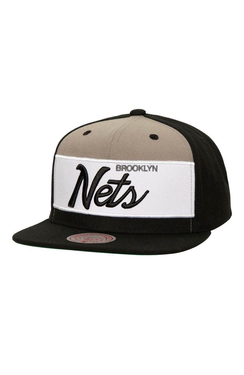 Mitchell & Ness Men's Mitchell & Ness White/Black Brooklyn Nets Retro Sport Color Block Script Snapback Hat, Main, color, White