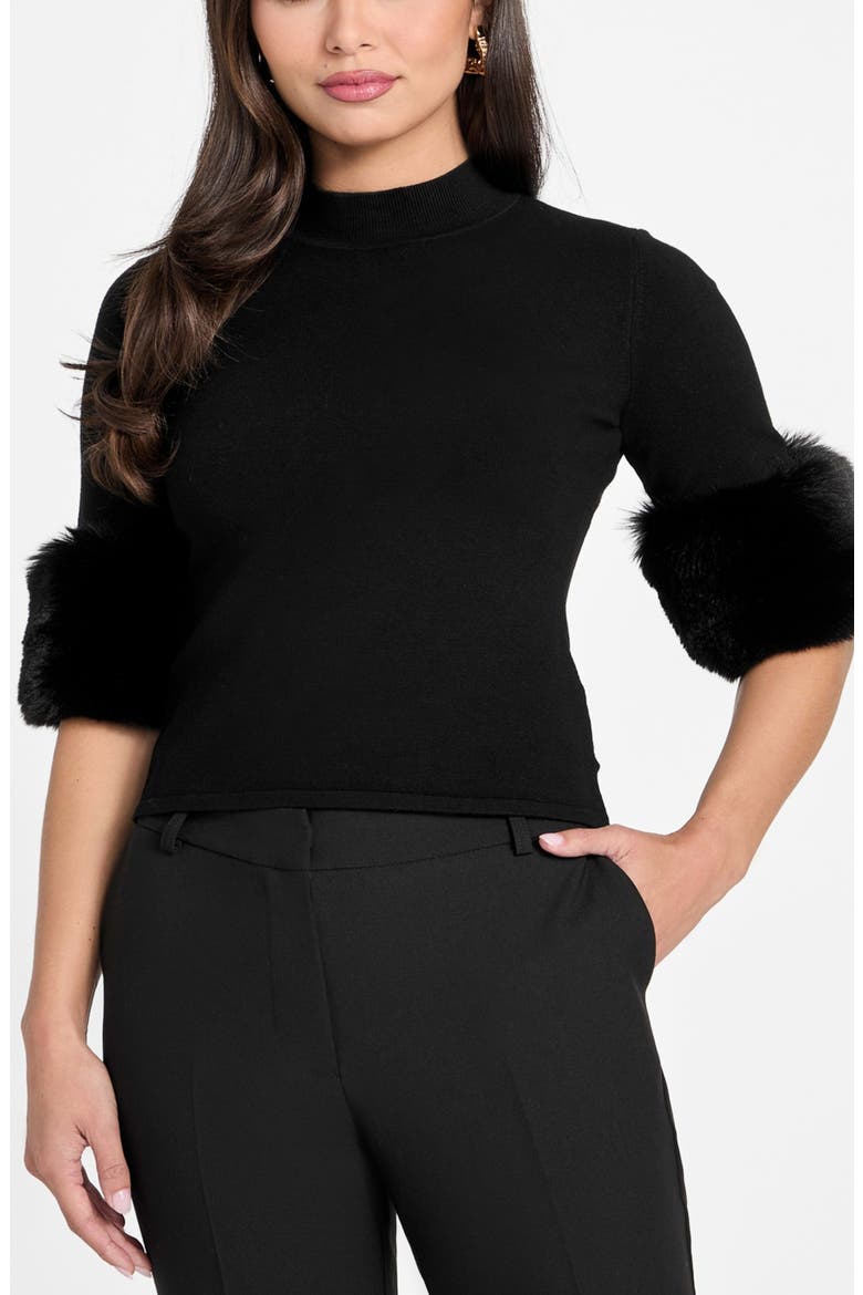 Faux Fur Cuff Festive Sweater, Main, color, JET BLACK-BLACK