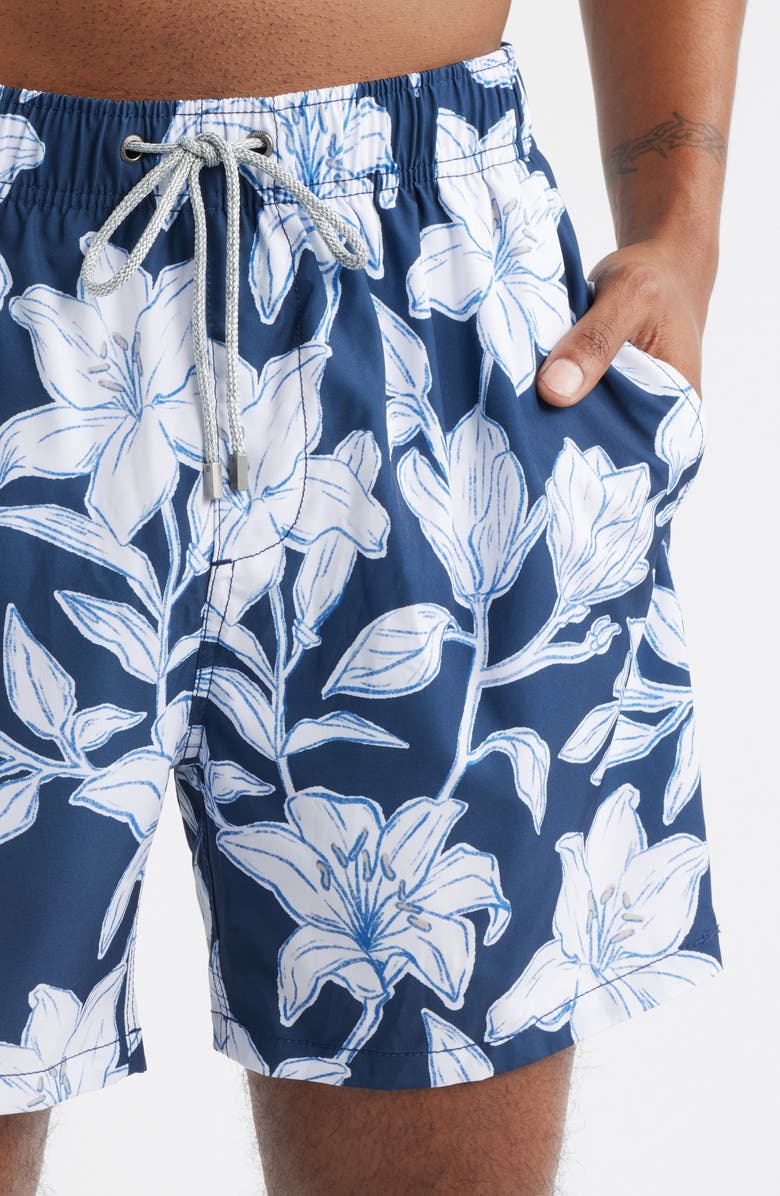 Vintage Summer Floral Stretch Volley Swim Trunks, Alternate, color, Navy