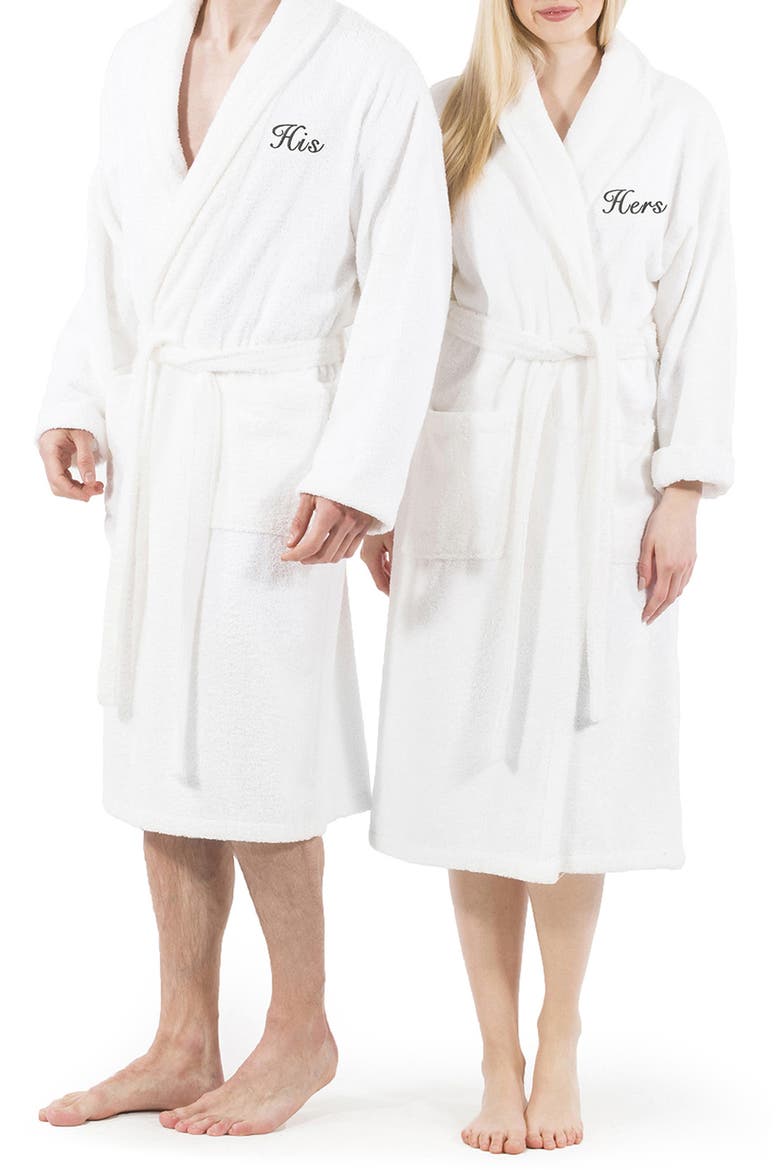 Embroidered 'His' Terry Bathrobe, Main, color, WHITE