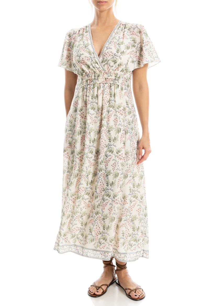 Surplice Neck Flutter Sleeve Midi Dress, Alternate, color, FLORIBUN-FLORIBUNDA