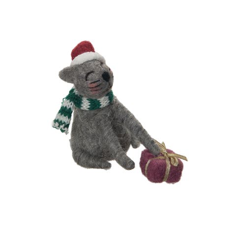 Grey Cat Santa Hat Figurine