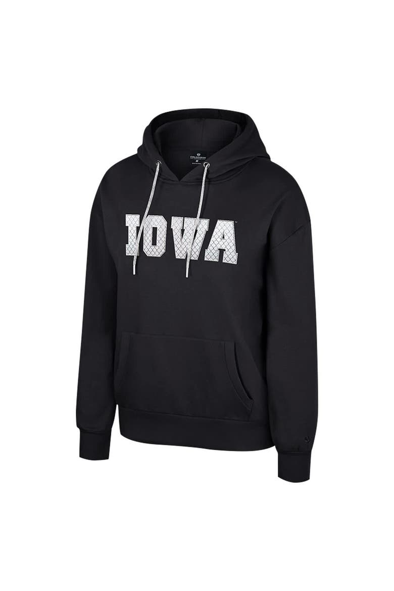 Women's Colosseum Black Iowa Hawkeyes Reflection Rhinestone Drawcord Pullover Hoodie, Alternate, color, Black