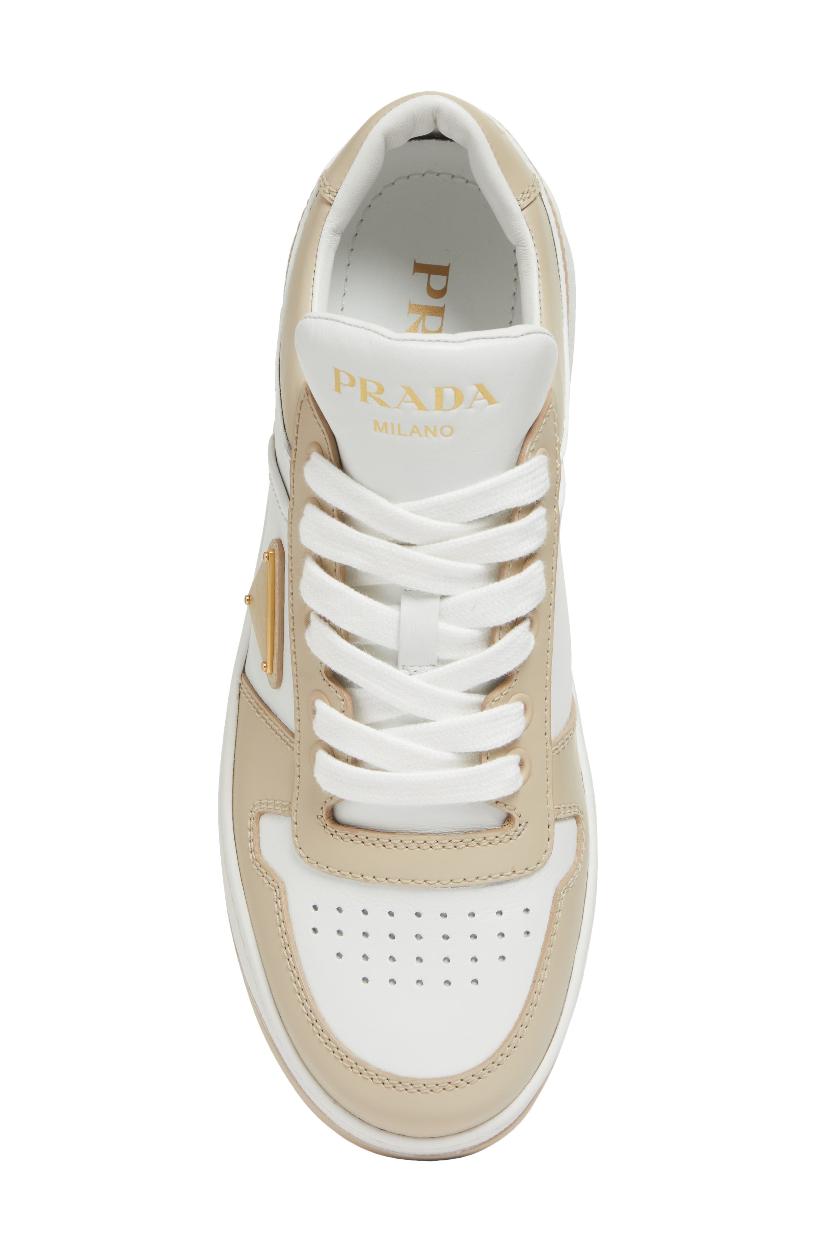 Prada Downtown Logo Low Top Sneaker, Alternate, color, Bianco/ Deserto