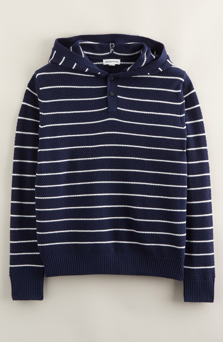 Nordstrom Kids' Hooded Henley Sweater, Main, color, Navy- Ivory Legacy Stripe