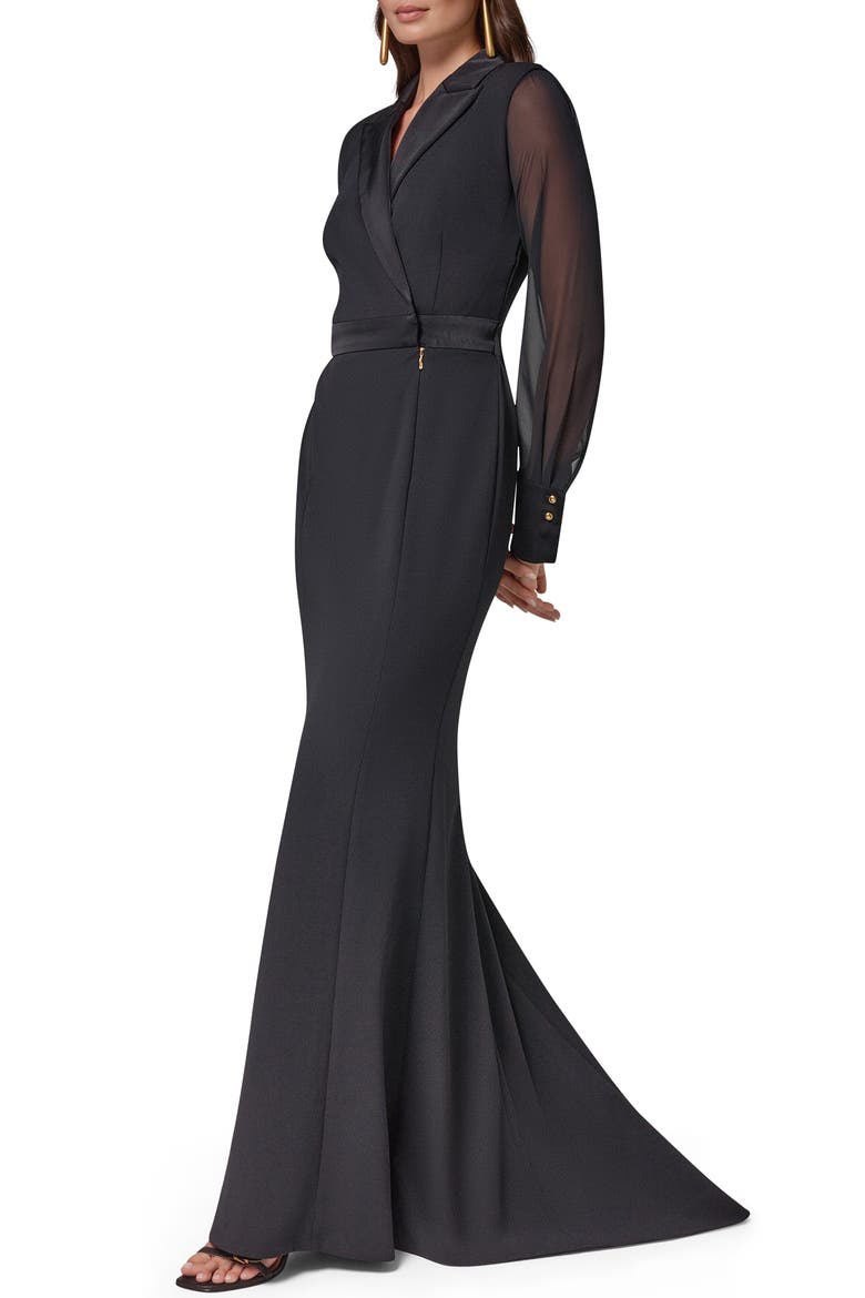 Tuxedo Chiffon Long Sleeve Scuba Crepe Twill Gown, Alternate, color, BLACK