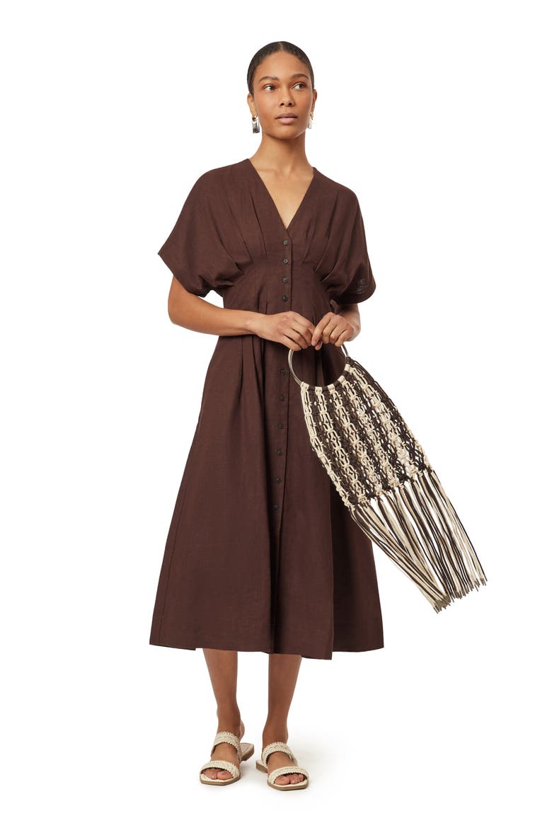 linen-blend dolman-sleeve tie-waist midi dress Women's Burnt Orange Linen Blend Maxi Dress With Contrast White Topsti Modesees