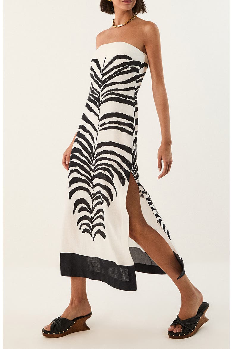 Penelope Print Strapless Linen Blend Dress, Main, color, BLACK/WHITE